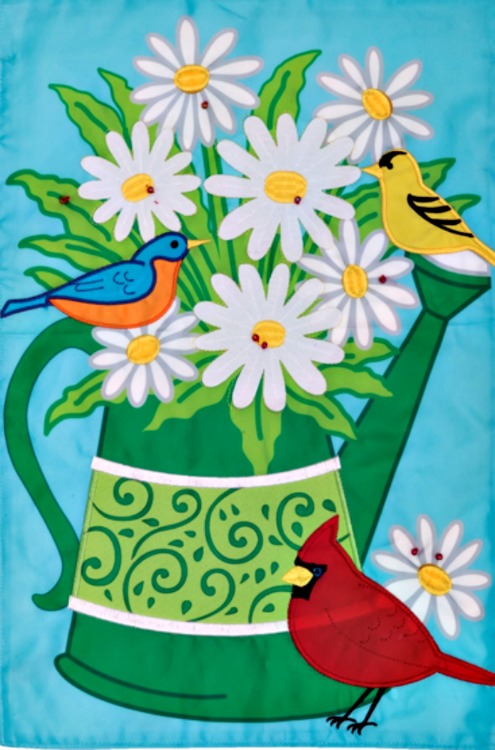 Songbirds Watering Can Applique Mini Flag **NEW**